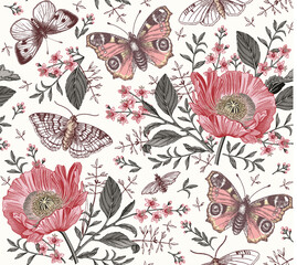 Seamless pattern Flowers. Butterflies peacock moths insect fly. Set Blooming Poppy Poppies realistic isolated. Vintage fabric background. Wallpaper. Drawing engraving. Vector victorian Illustration