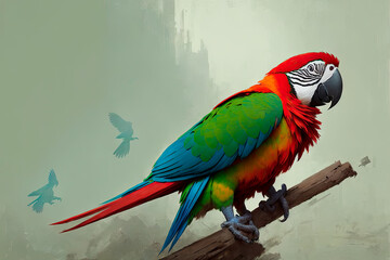 Colorful parrot and exotic tropical leaves - Art drawing. Generative AI