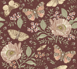 Seamless pattern Flowers. Butterflies peacock moths insect fly. Set Blooming Poppy Poppies realistic isolated. Vintage fabric background. Wallpaper. Drawing engraving. Vector victorian Illustration