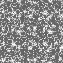Fototapeta na wymiar seamless pattern of white contours of flowers on a gray background, texture, design