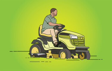 Fototapeta premium Vector graphic of a man cutting grass on a riding lawn mower