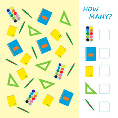 Educational math game for kids. Count how many objects are in the picture. Illustration with stationery.