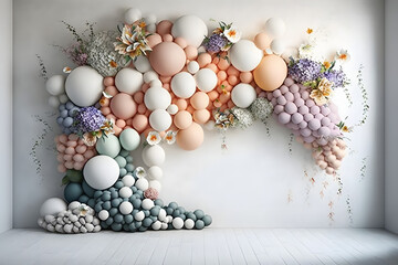 realistic spring floral balloon wall, white floor, neutral colors