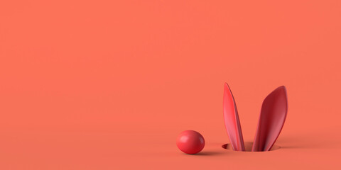 Easter bunny ears peeking out of a hole and easter egg. 3D illustration. Copy space.
