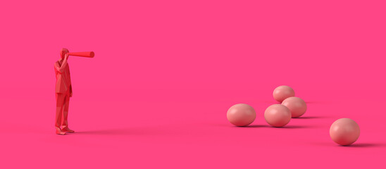 Man with spyglass looking for easter eggs. 3D illustration. Copy space.