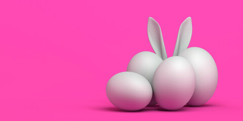 Easter eggs with hidden bunny ears. Copy space. 3D illustration.