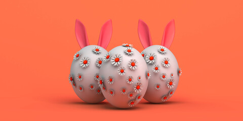 Easter eggs with daisy flowers and Easter bunny ears. Copy space. 3D illustration.