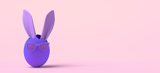 Easter egg with Easter bunny ears and sunglasses. Copy space. 3D illustration.