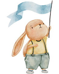 Cute Rabbit holding flag,Cartoon Watercolour hand paint Bunny,Hare character element for Easter greeting card,Spring,Summer poster, illustration portrait animal 