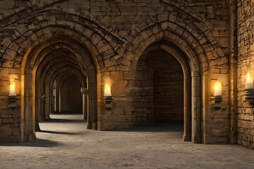 Obraz premium Long Medieval Castle Corridor With Torches. Fantasy Background. Interior Of Ancient Palace With Stone Arch. Digital Art. Generative AI