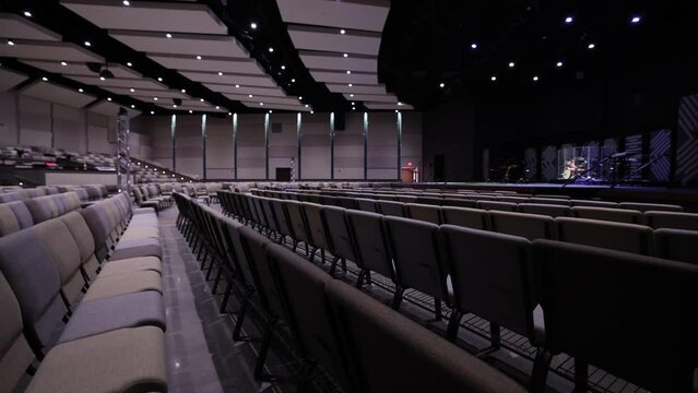 Empty Modern Church Seats Wide Shot