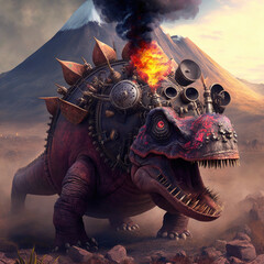 Steampunk stegosaur dinosaur with erupting volcano, generative AI.