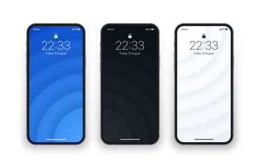 Different Minimal Blue Black Light Grey 3D Smooth Blurred Lines Wallpaper Set On Photo Realistic Cell Phone Screen Isolated On White Background. Various Vertical Abstract Screensavers For Smartphone