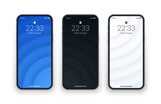 Different Minimal Blue Black Light Grey 3D Smooth Blurred Lines Wallpaper Set On Photo Realistic Cell Phone Screen Isolated On White Background. Various Vertical Abstract Screensavers For Smartphone