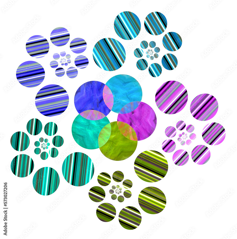 Poster flower of multi-colored striped circles of different sizes, isolated on a white background. abstract