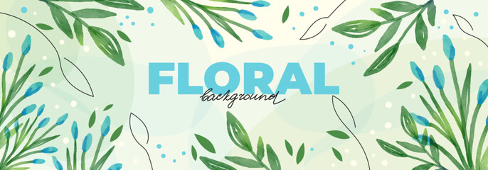 Spring background with watercolor botanical elements for banner design. Template with blue flowers, bouquet, branches, leaves, stems, spots, linear elements.
