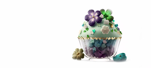 Cupcake stand decorated with beautiful flowers for Patrick's Day. Holiday sweets. white isolated background. Shamrocks. Patrick. AI generated