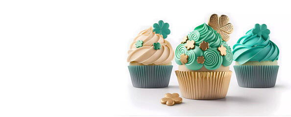 cupcakes for Patrick's day decorated with a shamrock on a white isolated. AI generated