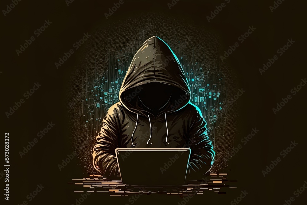 Poster hacker idea featuring anonymous cybercriminal in black hoodie generative ai