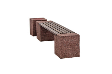 Park bench made of granite and dark wood planks, granite trash can on a transparent background.