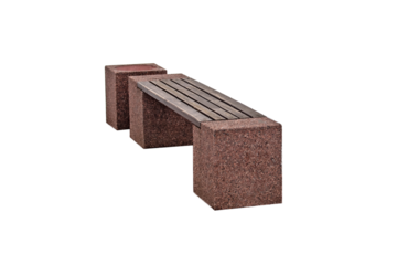 Park bench made of granite and dark wood planks, granite trash can on a transparent background.