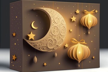 gift boxes islamic crescent with star and hanging lantern, Generative AI