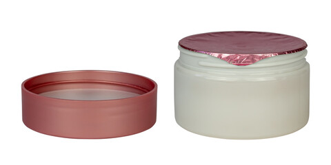 White porcelain cosmetic container with a pink cover and a pink lid beside it