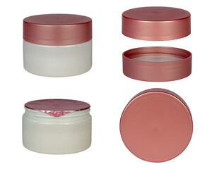 White porcelain cosmetic container, opened and closed with a pink lid in several perspectives