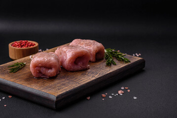 Delicious chicken or pork meat roll with mushrooms, cheese, spices and herbs