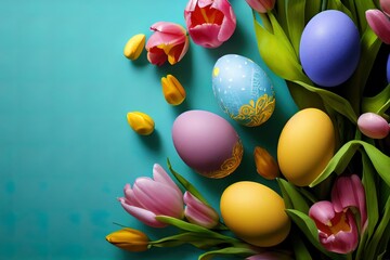 Fototapeta na wymiar Painted eggs with tulips on a blue background with a place for an inscription on the left side of the frame. Created using artificial intelligence.