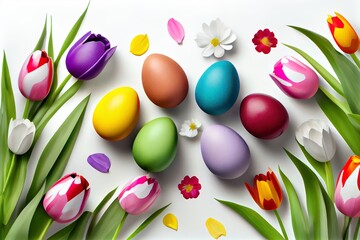 Painted eggs  with tulips on a white background. Created using artificial intelligence.