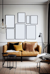 Minimalist living room with black metal frames, paired with a tan leather sofa and light wood accents | Interior design of a livingroom | Generative Ai | A series of blank frames mockup