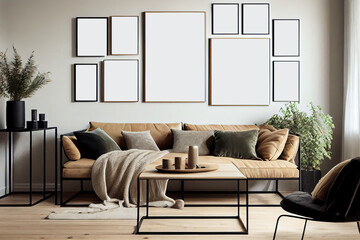 Interior design of a Scandinavian style living room featuring a comfortable sofa, a warm rug, a sleek coffee table and a series of blank poster frames having in the wall | Generative Ai | Mockup