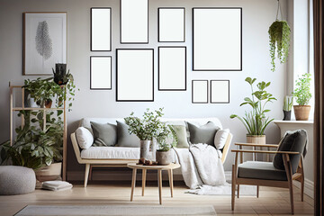 Interior design of a Scandinavian style living room featuring a comfortable sofa, a warm rug, a sleek coffee table and a series of blank poster frames having in the wall | Generative Ai | Mockup