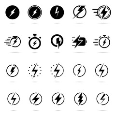 Lightning bolt set. Thunderbolt flat style. Lightning, electric power vector logo design element. Energy and thunder electricity symbol concept. Lightning bolt sign in the circle. fast charge icon set