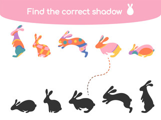 Find the correct shadow. Kids educational game. Funny Easter bunny rabbits of different poses and colors. Vector illustration for children books and magazines