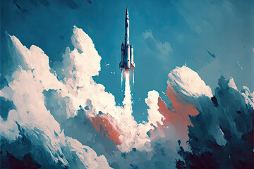 Rocket flying through the clouds, acrylic palette. Generative AI illustration.