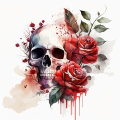 drawing watercolor skull with flowers Generative AI
