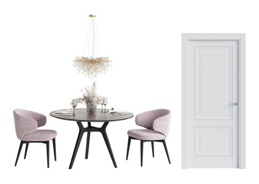 A set of isolated dining room furniture 2. Dry flowers in a vase and plates with glasses on a round wooden table, soft pink armchairs with black legs, an elegant golden chandelier, a door. 3d render