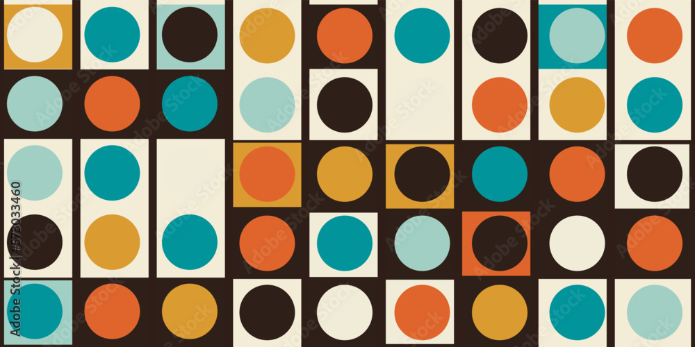 Poster Colored repeating pattern of rows with colored circles. Abstraction with circles. Print for pillows, wallpapers, clothes, fabrics, notebooks, packaging.