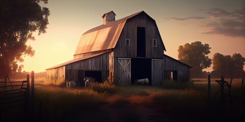 A barn on a farm at sunrise. Generative AI - obrazy, fototapety, plakaty
