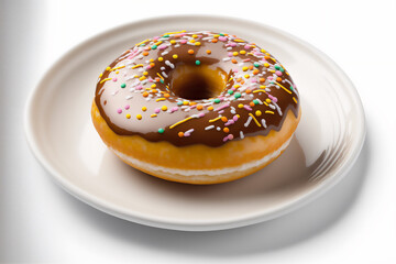 Perfect Dessert: Donut with Rich Chocolate Glaze. Chocolate Glazed Donut on white plate. Generated by AI.
