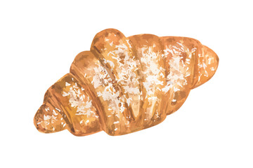 Vector croissant dusted with icing sugar. Hand drawn watercolor food pastry illustration for menu, cafe. Isolated on white background.