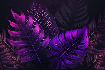 Jungle leaves purple neon dark background