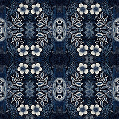 Retro indigo floral bandana 2 tone patterned fabric background. Seamless boho denim blue design. Fashion masculine wall paper. 