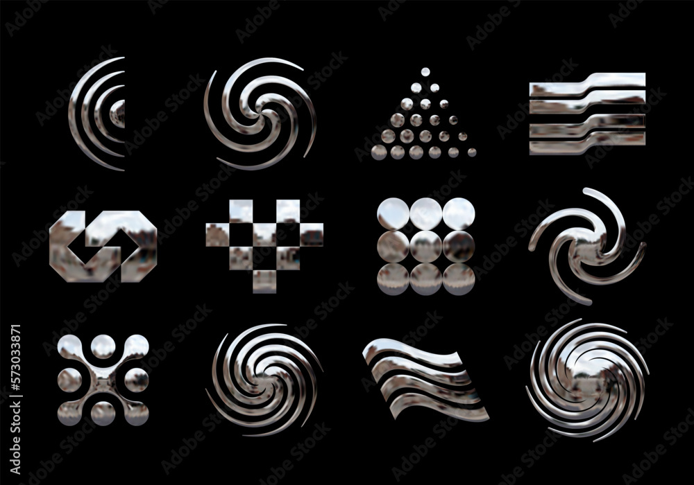 Poster metallic chrome abstract shapes. set of modern design elements in y2k style. vector geometric symbol