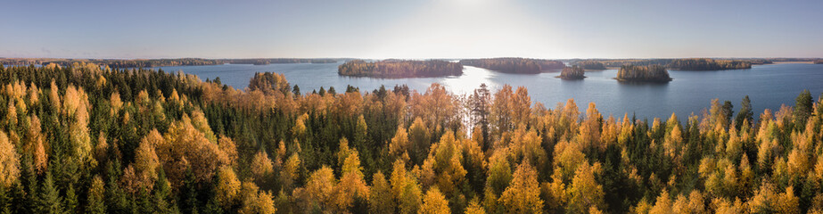 Aerial landscape panorama with mixed forest with autumn colours by Nordic lake.
