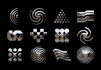 Metallic chrome abstract shapes. Set of modern design elements in Y2K style. Vector geometric symbols in retro futurism aesthetics - obrazy, fototapety, plakaty