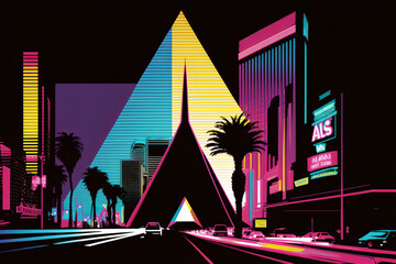 A vibrant illustration of the Las Vegas Strip at night, showcasing the iconic Luxor pyramid and Eiffel Tower replica, along with the colorful neon lights of casinos and hotels. generative ai