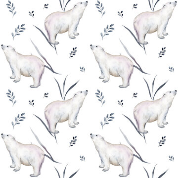 Cute seamless pattern with watercolor winter polar bear. Mother and her child. Constellation bears. Cute children pattern. Perfect for background paper or textiles.